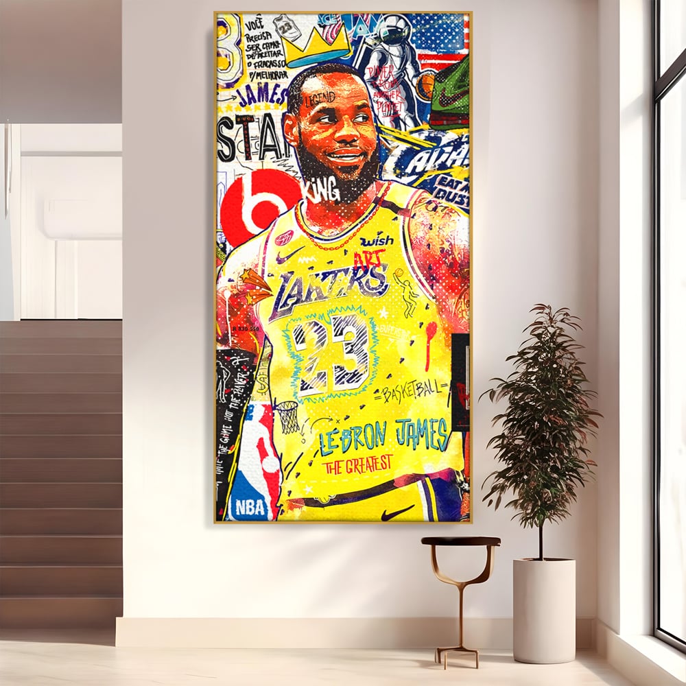 Tablou canvas cu tablou canvas cu portretul lui lebron james, in rama de aluminiu auriu